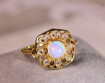 Natural Cat's Eye Opal Ring, Blue Sapphire, S925 Sterling Silver, 18K Gold Plated Filigree Design
