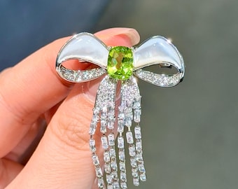 Natural Gemstone Bow Brooch, Peridot or Amethyst, Mother of Pearl & Crystal Tassel Pin