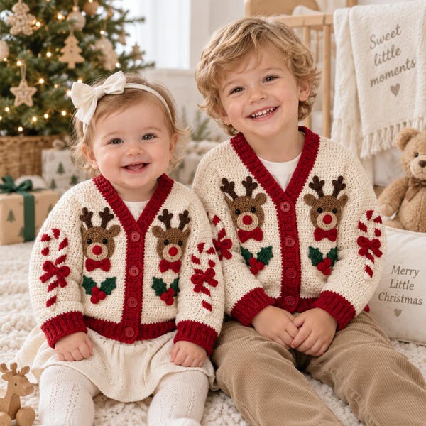 Crochet Baby Cardigan Pattern , ChristmasBaby Toddler Kids Sweater, 1-2 years or 10 Years, Reindeer Appliqué, Christmas Gift Ideas