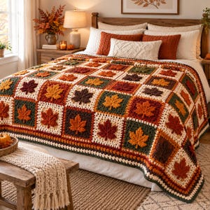 May include: A handmade crochet blanket featuring a repeating square pattern with raised, textured maple leaf motifs in shades of orange, red, brown, and dark green, bordered by cream-colored yarn, draped over a bed with matching decorative pillows.