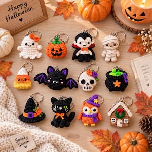 May include: A collection of eleven crocheted Halloween keychains featuring a ghost, pumpkin, vampire, mummy, candy corn, bat, skull, cauldron, witch hat, black cat, owl, and gingerbread house, each attached to a silver metal keyring.