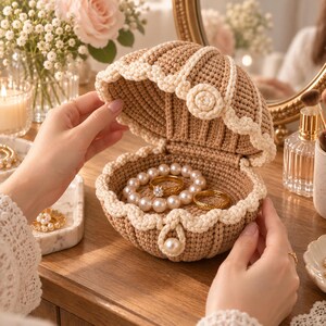 Könnte beinhalten: Eine beige gehäkelte Schmuckschatulle in Muschelform mit cremefarbenem Wellenrand und einer einzelnen Perle als Verzierung. Das geöffnete Behältnis enthält ein weißes Perlenarmband, einen Goldring mit Stein und einen schlichten Goldring.