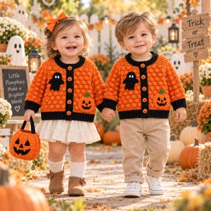 Può includere: Due bambini indossano cardigan testurizzati arancioni e neri abbinati con applicazioni di fantasmi e zucche, bottoni neri a forma di zucca e bordi neri. Uno indossa una gonna bianca e stivaletti marroni, l'altro pantaloni in velluto beige.