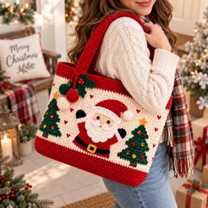 May include: A red and cream crochet tote bag featuring a central Santa Claus applique, two green Christmas trees, and small red heart accents. The bag has a sturdy red handle and is decorated with a dangling holly berry charm with red pom-poms.