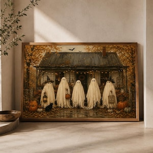 May include: A framed rectangular wall art print depicting five figures draped in white sheets resembling ghosts standing in front of a rustic house during autumn. The scene includes orange pumpkins, a black cat, and string lights on the porch.