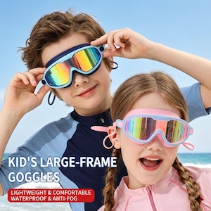 May include: Kid's large-frame goggles with rainbow-tinted lenses. The goggles feature a light blue frame and a dark blue strap. Text on the image reads: KID'S LARGE-FRAME GOGGLES, LIGHTWEIGHT & COMFORTABLE, WATERPROOF & ANTI-FOG.