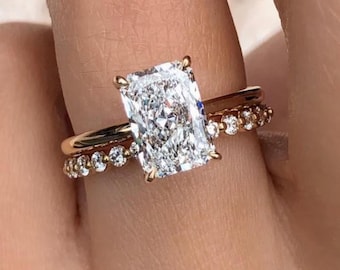 2.5CT Radiant Moissanite Engagement Bridal Ring Set 14K Gold Hidden Halo Ring Unique Matching Eternity Wedding Band Anniversary Gift for Her