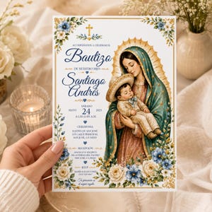 Invitación digital de bautizo para niño mexicano, invitación con la Virgen de Guadalupe Bautismo, Editable en Canva, azul imprimible espanol