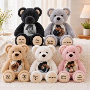 Orsetto di peluche personalizzato con foto e testo sulla zampa, ricordo personalizzato, regalo per la famiglia o in memoria di una persona cara, regalo per anniversario e per bambini.