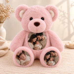 Può includere: Un orsacchiotto di peluche rosa con una grande cornice circolare sul busto e due cornici circolari più piccole sui piedi. Le cornici mostrano fotografie di una famiglia con un bambino. L'orso ha occhi scuri e un naso marrone.