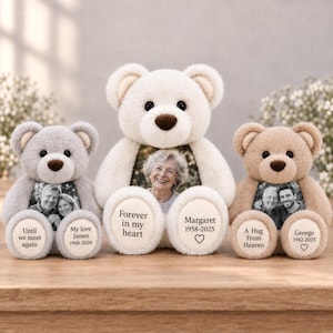 May include: Three plush teddy bears in light grey, cream, and tan colours. Each bear features a circular photo frame on its chest and personalised text on its feet. The text includes names, dates, and phrases like Forever in my heart and A Hug From Heaven.