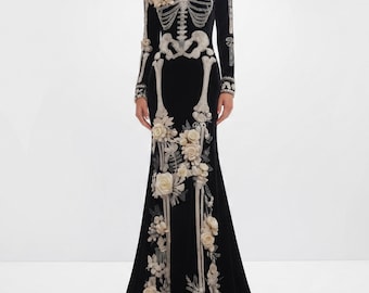 Black Skeleton Maxi Dress, Gothic Floral Halloween Costume