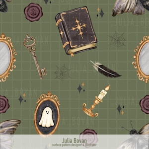 May include: A seamless pattern on a muted olive green grid background featuring illustrations of a black spellbook with gold accents, a vintage skeleton key, a white ghost in an oval frame, a lit candle, a black feather, spiderwebs, and wax seals.