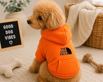 Orange Hoodie | "The Dog Face" Print Pet Sweatshirt, Small Dog Clothes
