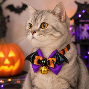 以下が含まれることがあります： ハロウィンをテーマにした紫とオレンジの蝶ネクタイが付いた首輪をつけたグレーのトラ猫。蝶ネクタイには黒いコウモリの羽、中央に小さな黒いコウモリのフィギュア、そしてその下に大きな光沢のある金色の鈴がぶら下がっています。