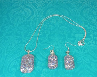 Resin Rectangle Set Matching Pendant and Earrings AB Clear w. 3 Silver Plate Chains of 3 lengths. 2 sets available