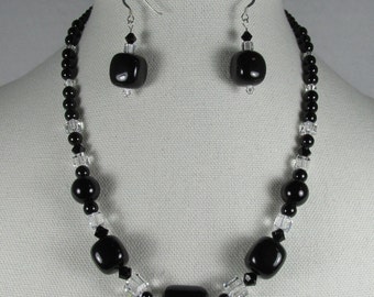 Black Necklace Set Onyx Jade Pieces with  Swarovski Clear Cube Crystals Sterling Silver Fill Metals Jet and Clear Crystals