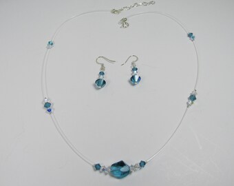 Blue Swarovski Necklace Earring Crystal set Indicolite, Sky Blue, Aqua Blue COSMIC Shape Center  2 Sets