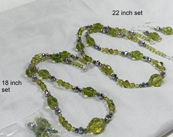 Green Necklace Sets Olivine Green with Swarovski Bicones Sterling Metals Choose Length. 18 or 22 inches.