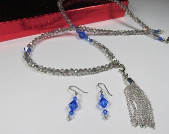 Long Gray Silver Necklace with Chain dangle  Blue Crystals Blue Earrings Sterling Silver Metal Earwire. Dolphin accent l!!