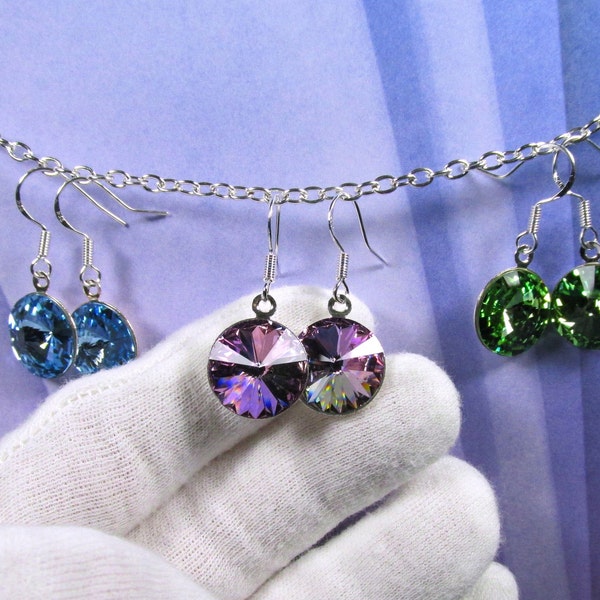 Swarovski Earrings Rivoli shape.  Lots of shimmer. Very sparkly! 3 Colors Blue, Green or Purple.  Dangle  1.25 Inches