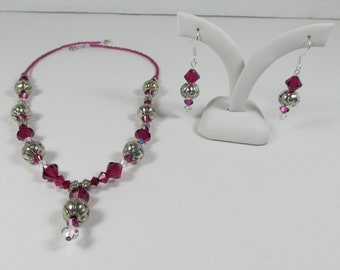 RUBY Red SWAROVSKI Necklace Set Matching Earrings with Beautiful Pewter Round Beads. STERLING Silver Earwire