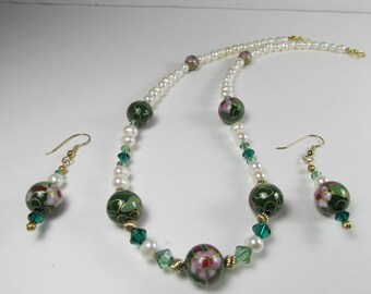 Green Cloisonné Necklace Set Hand Painted Beads Gold Fill Metals Natural Pearls