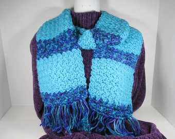 CROCHETED SCARF Turquoise Alternating with Varigated Purple/Teal  7 Feet Long 6.5 inches Wide