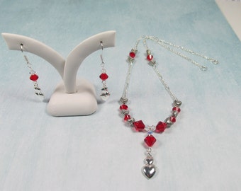 RED Silver Heart Necklace Chain Sets SWAROVSKI CRYSTALS Choose Light Red or Siam Red- darker Sterling Silver Ear wire Silver Fill Metals