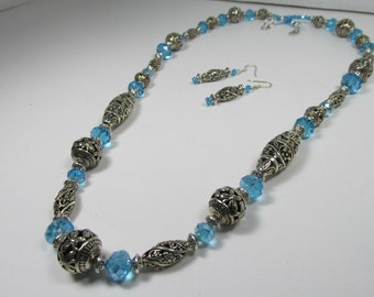 Long Silver Necklace SET Filigree Silver Pieces Sky Blue Beads and more 29.5 inches Lobster Clasp