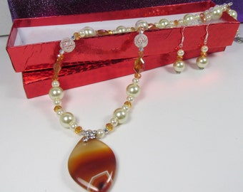 Orange Cream Stone Pearl Necklace Set AGATE Stone with Hexagon Glass Pieces Sterling Silver Earwire 23 inches long