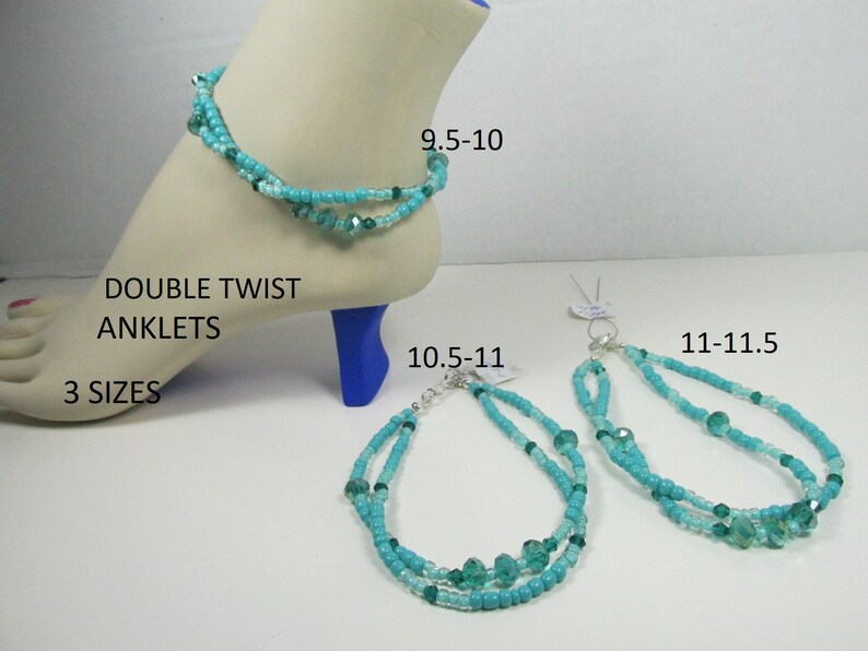 AQUA ANKLETS Double Strand Twist 3 Sizes 9.5 10.5 11 plus extra rings for length