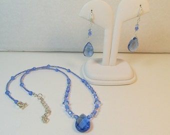 BLUE Teardrop Necklace Set  Matching Earrings with Swarovski Crystals Silver 17 inch