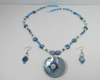 Blue Shell Necklace Set 40mm Coin Mother of Pearl Crystals and More Shells Summer Set