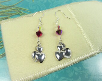 Double Heart Earrings RED Swarovski Bicone Crystals Siam Red  STERLING Silver Earwire SSF