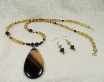 Brown Gold STSLV Necklace Set Natural Agate Stone Swarovski Crystals w. Silver Accents Sterling Metals SS Earwire Clasp Set All