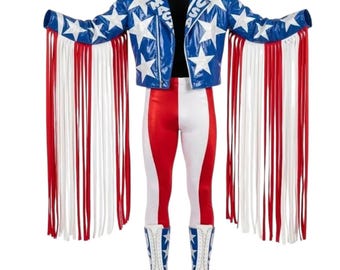 Macho Man Inspired Fringe Leather Jacket | Patriotic Custom:Wrestling Costume Festival & Cosplay Jacket