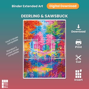 Könnte beinhalten: Ein digitaler Download von Binder Extended Art mit Deerling und Sawsbuck. Das Kunstwerk zeigt eine lebendige, mehrfarbige Waldszene mit rosa, orangefarbenem und blauem Laub. Der Text umfasst Binder Extended Art, Digital Download und Vault X binder compatible. Symbole zum Herunterladen, Drucken, Schneiden und Einfügen sind vorhanden.