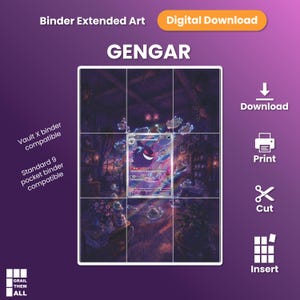 Puede incluir: Una descarga digital de arte extendido para archivador de Gengar con una cuadrícula para archivadores estándar de 9 bolsillos. El gráfico en tonos morados muestra una carta de personaje Gengar central rodeada de elementos flotantes, con texto que incluye Binder Extended Art, Digital Download, Vault X binder compatible, Standard 9 pocket binder compatible, Download, Print, Cut e Insert.