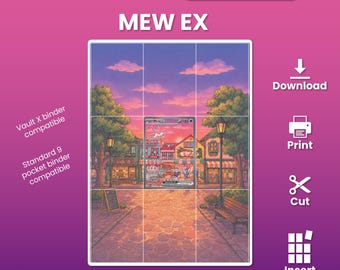 Könnte beinhalten: Ein digitaler Download von Mew EX Binder Extended Art mit einer Stadtplatzszene mit Kopfsteinpflasterweg, Straßenlaternen, Bäumen und Gebäuden unter einem Sonnenuntergangshimmel. Die Grafik enthält den Text: Binder Extended Art, Digital Download, MEW EX, Vault X binder compatible, Standard 9 pocket binder compatible, Download, Print, Cut, Insert und Grail Them All.