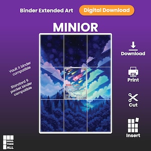 May include: A digital download for a Minior binder extended art insert. The graphic features a starry night sky with colorful shooting stars over a dark forest landscape. Text includes Binder Extended Art, Digital Download, Vault X binder compatible, Standard 9 pocket binder compatible, Download, Print, Cut, Insert, and Grail Them All.