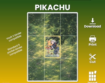 Könnte beinhalten: Ein digitaler Download für ein Pikachu-Ordner-Einlageblatt mit erweiterter Grafik, das eine Waldszene mit einer zentralen Sammelkartenillustration zeigt. Das Design enthält Textbeschriftungen zum Herunterladen, Drucken, Schneiden und Einlegen.