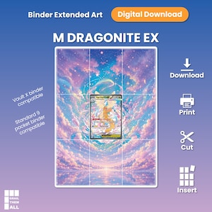 May include: A digital download of M Dragonite EX binder extended art featuring a pastel sky with pink, purple, and blue clouds over a reflective surface. The design includes a grid for a standard 9-pocket binder, with icons for download, print, cut, and insert.