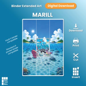 以下が含まれることがあります： Marillのバインダー用拡張アートのデジタルダウンロード。青い海中の風景、晴れた空、雲、サンゴが描かれています。画像には、ダウンロード、印刷、カット、9ポケットバインダーへの挿入に関する手順が記載されています。