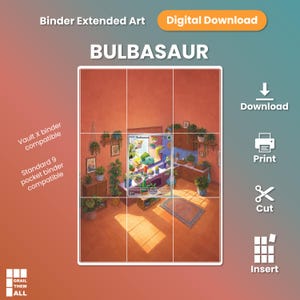 Peut inclure: Un téléchargement numérique d'art étendu Bulbasaur pour classeur de cartes à collectionner. L'image présente une grille sur une illustration d'une pièce ensoleillée remplie de plantes en pot. Le texte inclut Binder Extended Art et Bulbasaur.