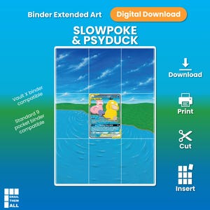 Könnte beinhalten: Ein digitaler Download für ein Binder-Einlageblatt mit erweiterter Grafik von Slowpoke und Psyduck. Das Design zeigt einen blauen Himmel, grüne Hügel und blaues Wasser mit einer zentralen Sammelkartengrafik. Text: Binder Extended Art.