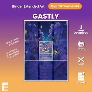 May include: A digital download of Gastly binder extended art featuring a night scene of a cobblestone street between buildings under a crescent moon. The image is divided into a grid for cutting and inserting into a standard 9 pocket binder.