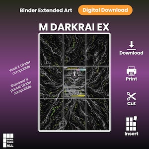 Peut inclure: Un téléchargement numérique pour une illustration étendue de classeur M Darkrai EX avec un motif marbré noir et blanc et des accents verts. Le design inclut des étiquettes pour la compatibilité avec les classeurs Vault X et 9 pochettes, ainsi que des icônes.