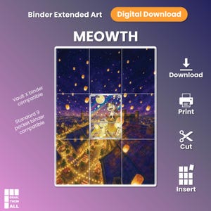 Peut inclure: Un téléchargement numérique d'art étendu pour classeur Meowth montrant une scène nocturne avec des lanternes flottantes au-dessus d'une ville. Le graphique inclut le texte : Binder Extended Art, Digital Download, MEOWTH, Vault X binder compatible, Standard 9 pocket binder compatible, Download, Print, Cut, Insert, et Grail Them All.
