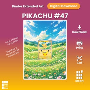 Puede incluir: Una descarga digital de arte extendido de Pikachu #47 para carpeta. La imagen muestra un campo de hierba con flores blancas y rosas bajo un cielo azul con nubes. El texto incluye Binder Extended Art, Digital Download e instrucciones.